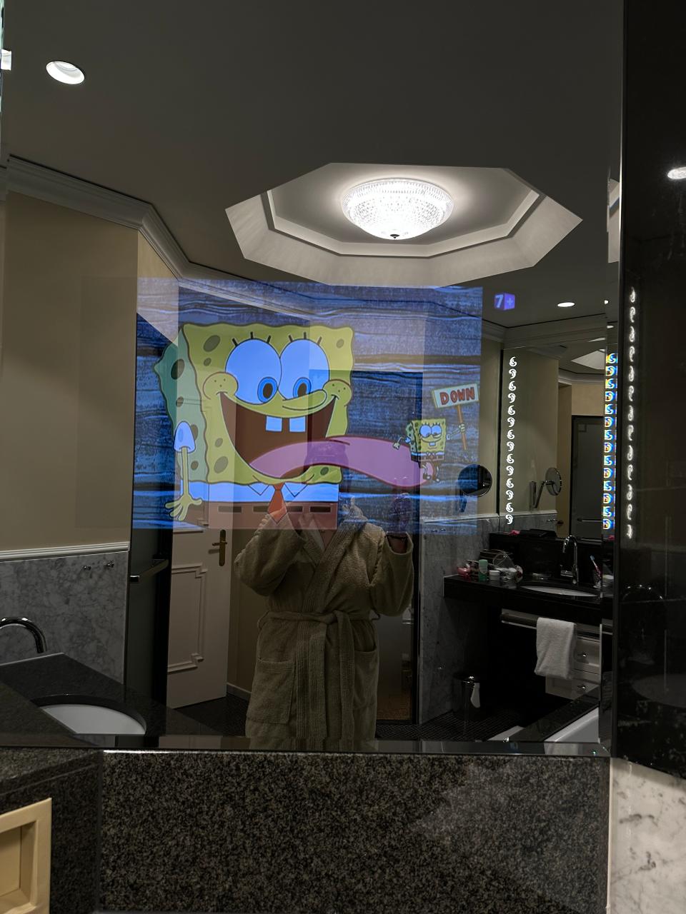 A tv within a mirror, with spongebob playing