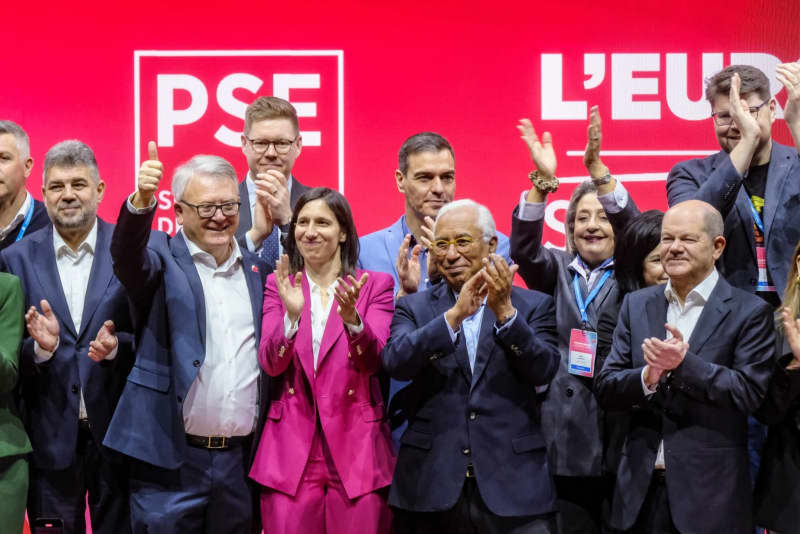 EU Commissioner from Luxembourg Nicolas Schmit (2nd L), MEP from Italy Elly Schlein (4th L), German Chancellor Olaf Scholz (2nd R), Prime Minister of Portugal Antonio Costa (5th R), Prime Minister of Romania Marcel Ciolacu (L) and Prime Minister of Spain Pedro Sanchez (5th L) take part in a congress of the Party of European Socialists (PES). Mauro Scrobogna/LaPresse via ZUMA Press/dpa