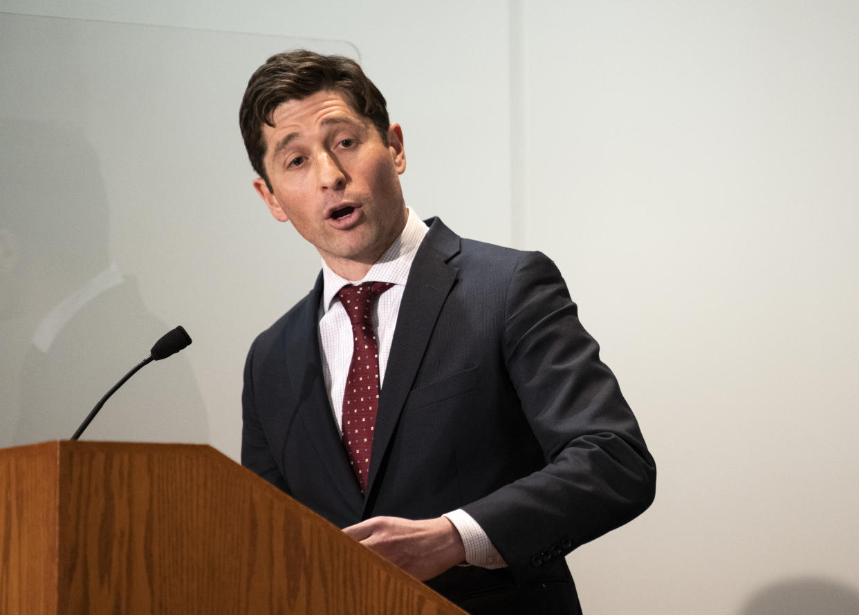 Minneapolis Mayor Jacob Frey speaks at a press conference about public safety on April 19, 2021 in St. Paul, Minnesota. Closing statements were heard today in the trial of Derek Chauvin, the former Minneapolis Police officer is charged with multiple counts of murder in the death of George Floyd. (Stephen Maturen/Getty Images)                                                