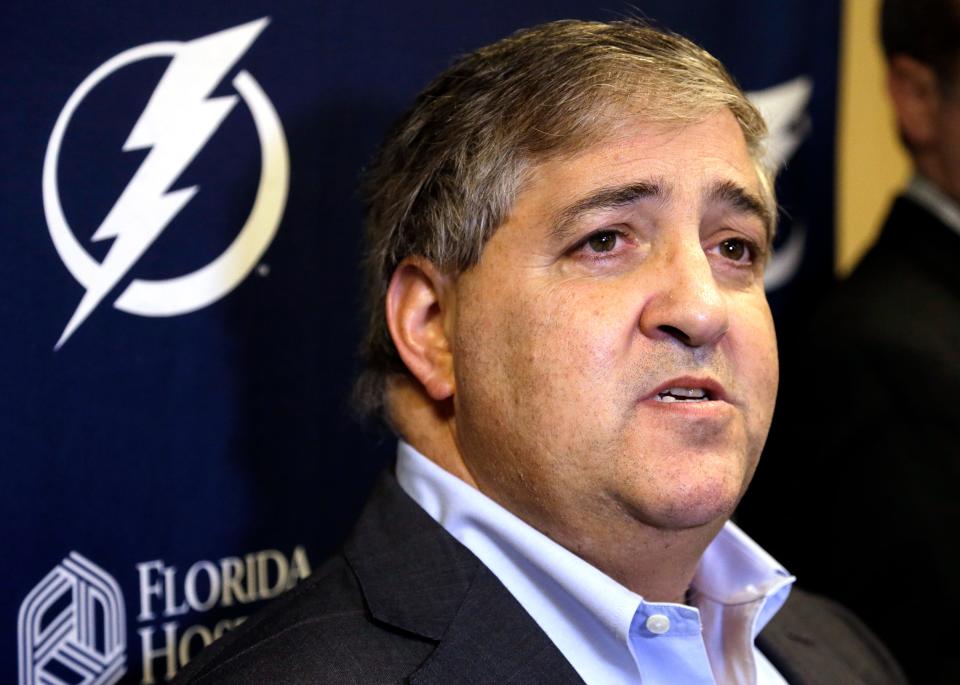 Tampa Bay Lightning owner Jeff Vinik speaks to the media before an NHL hockey game against the Montreal Canadiens on Dec. 28, 2015, in Tampa.