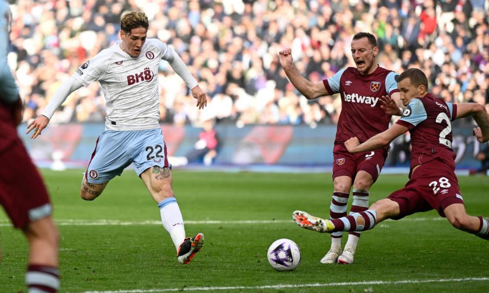 <span>Nicolò Zaniolo scores for <a class="link " href="https://sports.yahoo.com/soccer/teams/aston-villa/" data-i13n="sec:content-canvas;subsec:anchor_text;elm:context_link" data-ylk="slk:Aston Villa;sec:content-canvas;subsec:anchor_text;elm:context_link;itc:0">Aston Villa</a> in the 79th minute.</span><span>Photograph: Tony Obrien/Reuters</span>