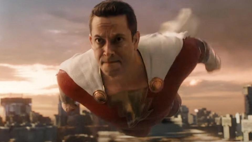 Shazam (Zachary Levi) flies through the air toward his next fight in Shazam! Fury of the Gods.