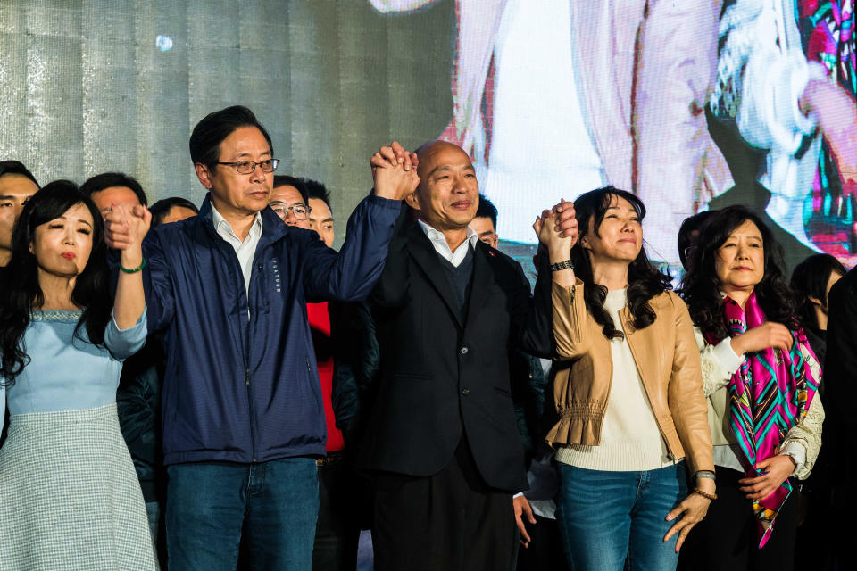 KAOHSIUNG, TAIWAN - JANUARY 11: Han Kuo-Yu presidential candidate for Taiwan's main opposition Kuomintang (KMT) party joins his supporters after losing the Taiwan Presidential Election on January 11, 2020 in Kaohsiung, Taiwan. Taiwan voted on Saturday after a campaign in which 'fake news' and the looming shadow of China and its repeated threats of invasion have played a prominent role in shaping debate. Ensuring Taiwan's democratic way of life has dominated an election which was closely fought between incumbent, anti-China president Tsai Ing-wen and the more pro-Beijing challenger Han Kuo-yu. (Photo by Billy H.C. Kwok/Getty Images)