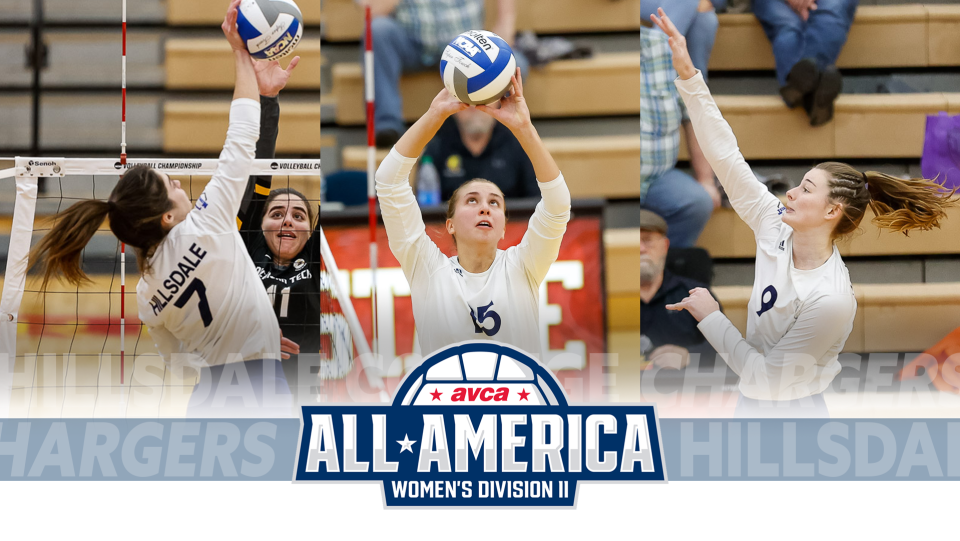 Hillsdale College volleyball program’s three 2021 AVCA All-Americans – senior middle hitter Allyssa Van Wienen (9), junior outside hitter Karoline Shelton (7), and senior setter Lindsey Mertz (15).