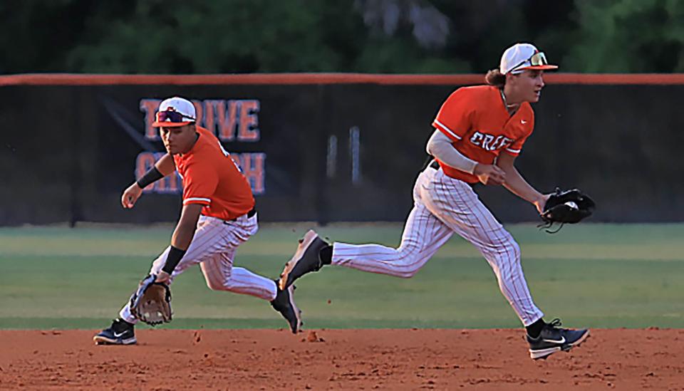 Devon Crown (9) fields the ball before throwing it to first against Bartram Trail in the Region 1-7A quarterfinals hosted by Spruce Creek High School on Tuesday, May 7, 2024.