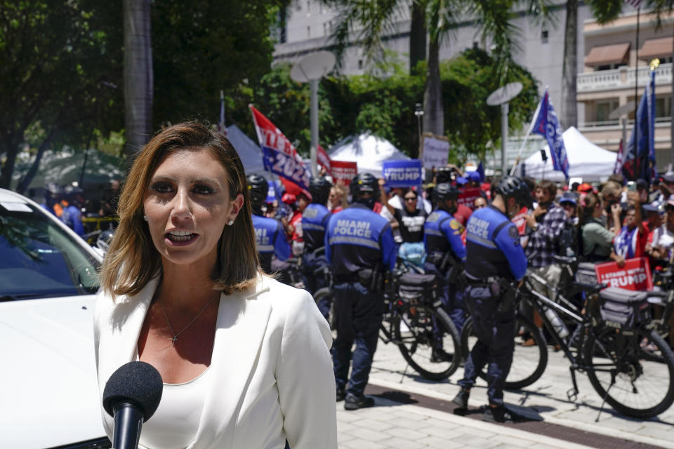 Alina Habba, lawyer for former President Donald Trump, speaks outside the Wilkie D. Ferguson Jr. U.S. Courthouse, Tuesday, June 13, 2023, in Miami. Trump appeared in federal court Tuesday on dozens of felony charges accusing him of illegally hoarding classified documents and thwarting the Justice Department's efforts to get the records back. (AP Photo/Alex Brandon)