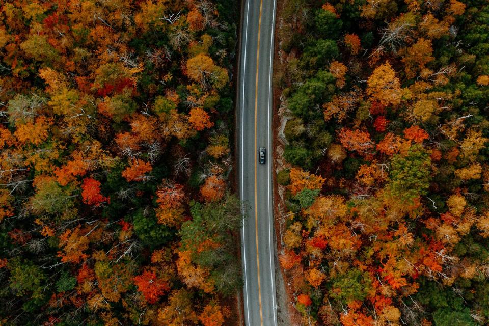 Aerial view of the Adirondack mountains in autumn with the foliage