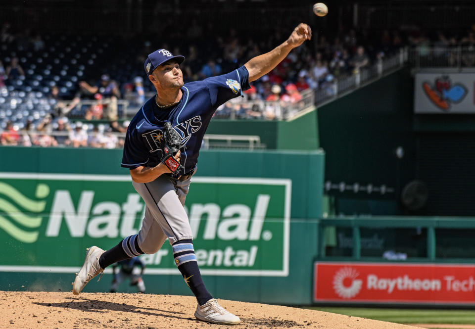 WASHINGTON, DC - APRIL 05: Tampa Bay Rays starting pitcher Shane McClanahan (18) pitches during the Tampa Bay Rays versus the Washington Nationals on April 5, 2023 at Nationals Park in Washington, D.C.  (Photo by Mark Goldman/Icon Sportswire via Getty Images)