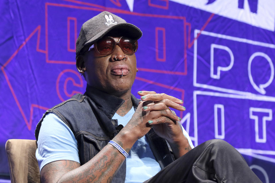 Dennis Rodman participates in the "Slam Dunk Diplomacy with Dennis Rodman" panel at Politicon at the Los Angeles Convention Center on Saturday, Oct. 20, 2018, in Los Angeles. (Photo by Willy Sanjuan/Invision/AP)