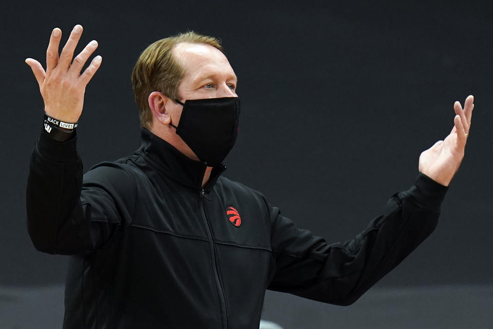 Toronto Raptors head coach Nick Nurse reacts to a foul call during the first half of an NBA basketball game against the Charlotte Hornets Thursday, Jan. 14, 2021, in Tampa, Fla. (AP Photo/Chris O'Meara)