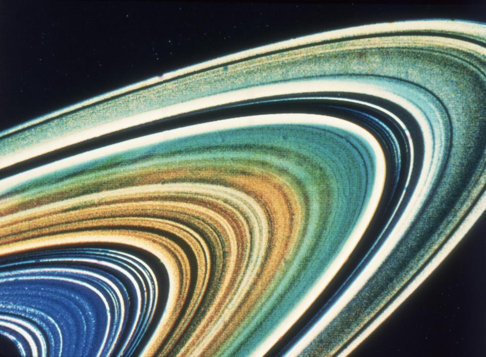 An enhanced colour image of Saturn's rings, as seen by the Voyager 2 spacecraft, August 1981