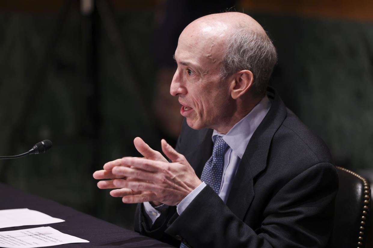 WASHINGTON, DC - SEPTEMBER 14: Gary Gensler, Chair of the U.S. Securities and Exchange Commission,  testifies before a Senate Banking, Housing, and Urban Affairs Committee oversight hearing on the SEC on September 14, 2021 in Washington, DC. (Photo by Evelyn Hockstein-Pool/Getty Images)