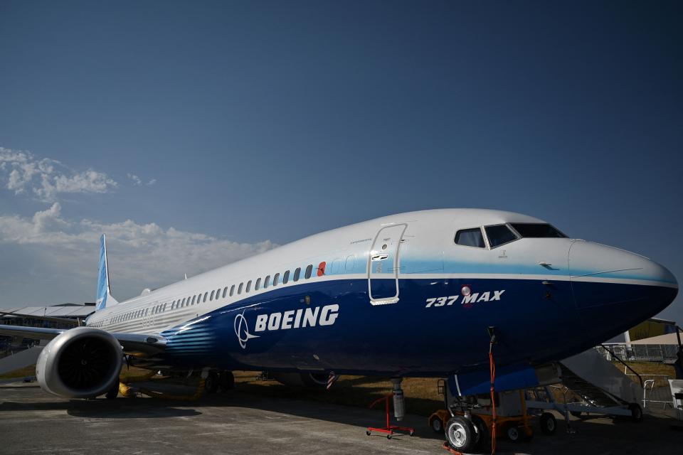 A Boeing 737 Max is displayed during the Farnborough Airshow, in Farnborough, England, on July 18, 2022.