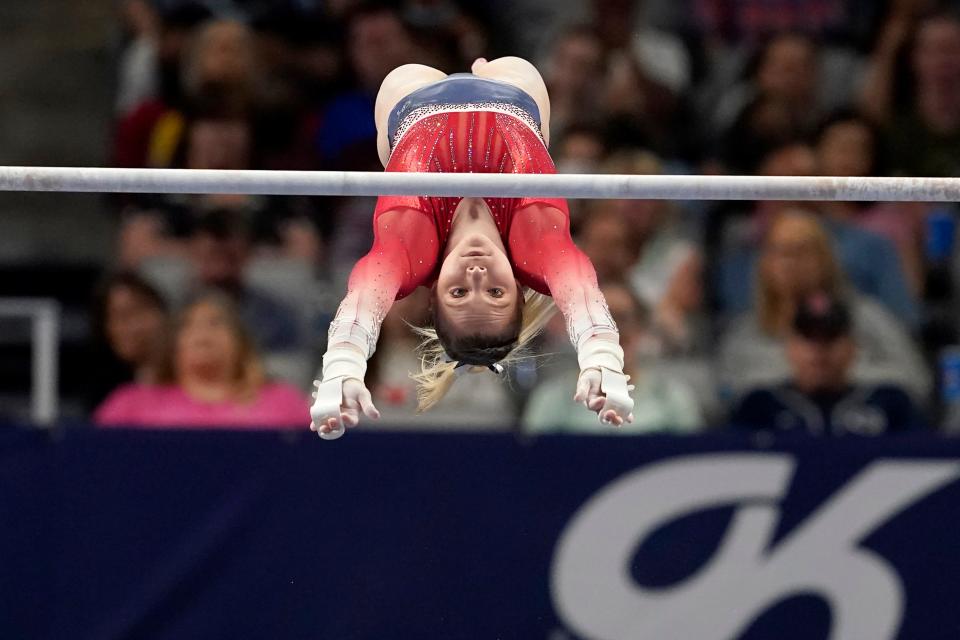 Jade Carey competes on the uneven bars during the U.S. Gymnastics Championships, Sunday, June 6, 2021, in Fort Worth, Texas.