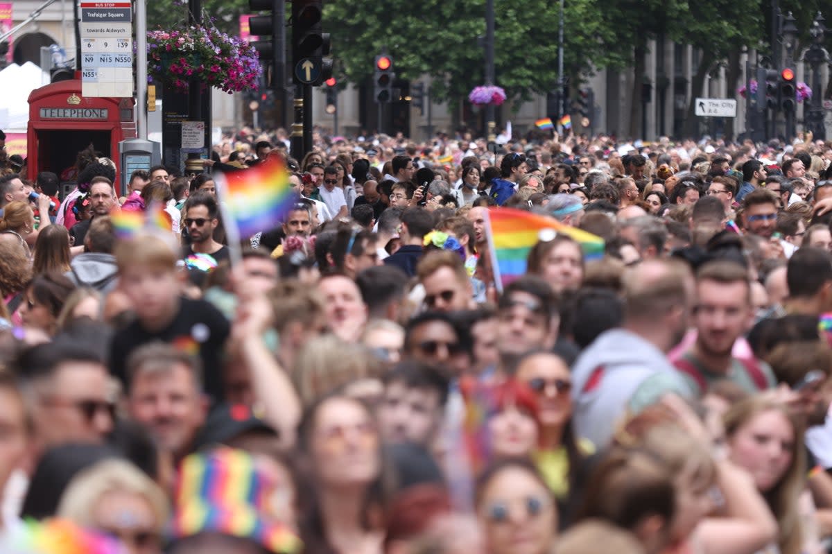 People take part in the Pride in London parade in Trafalgar Square (James Manning/PA) (PA Wire)