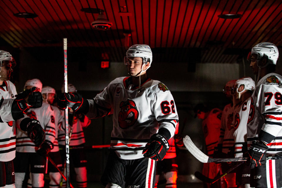 Brett Seney, one of three Rockford IceHogs players recently named to the AHL All-Star Classic, gets set to skate out onto the ice in Rockford during a home game on Jan. 3, 2023.