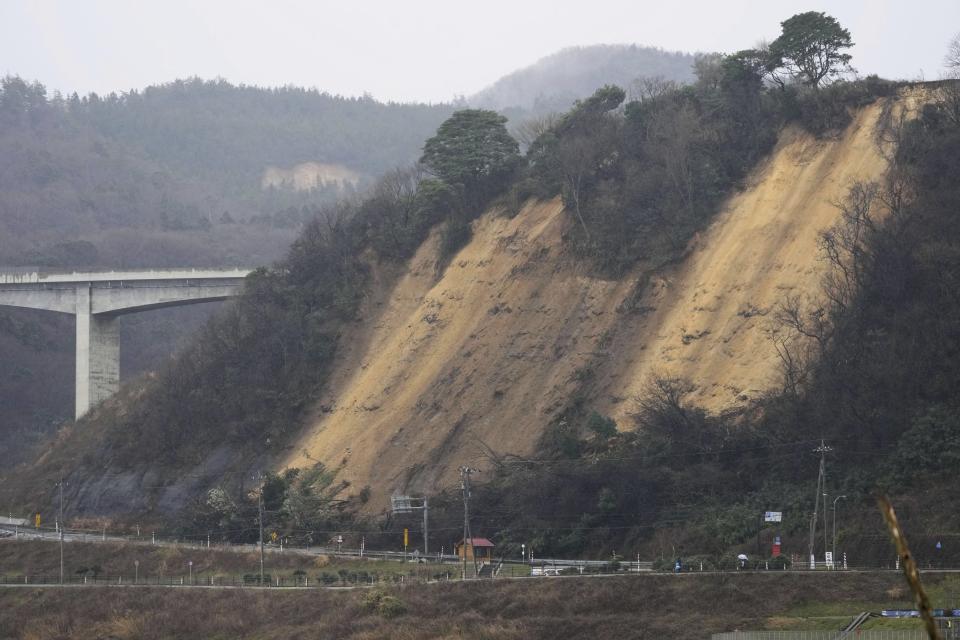 Landslides, caused by earthquakes, is seen in Suzu, Ishikawa prefecture, Japan Wednesday, Jan. 3, 2024, following a series of powerful earthquakes hit western Japan.(Kyodo News via AP)