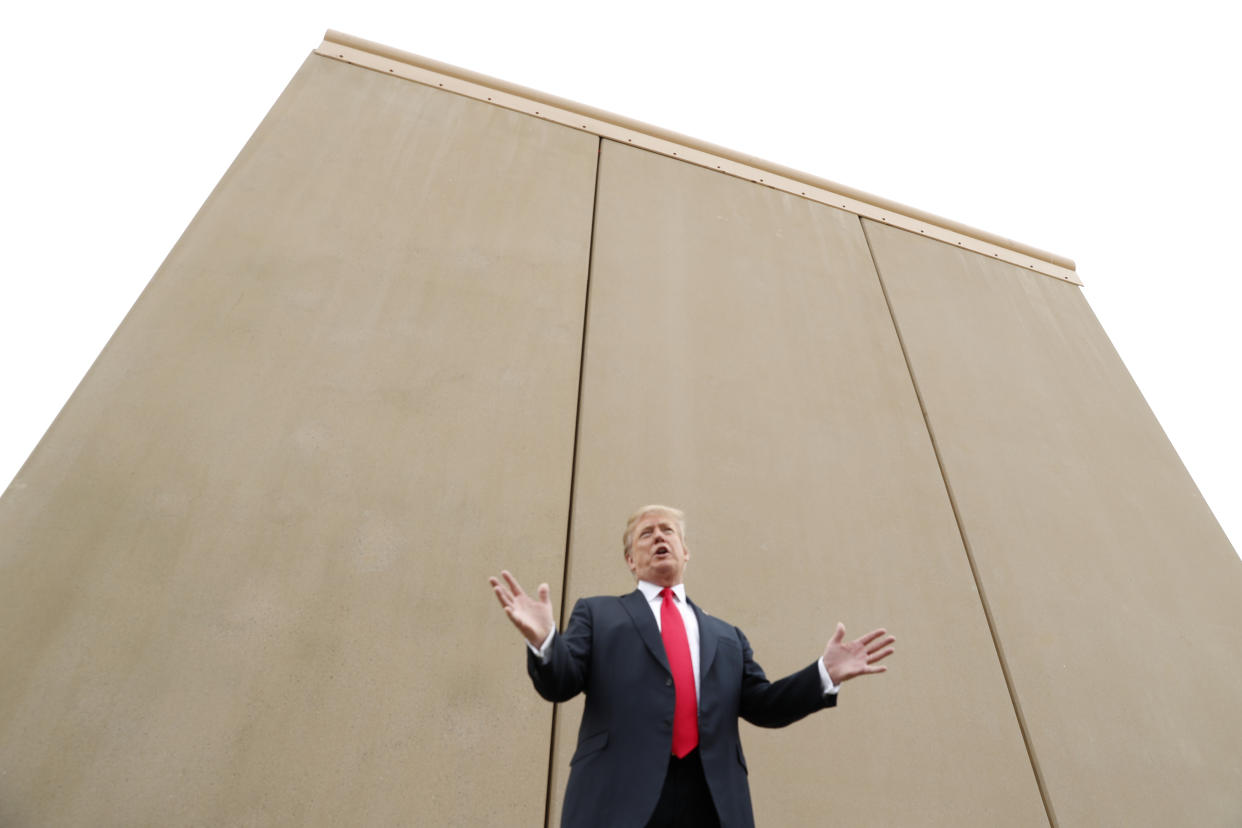 President Donald Trump speaks while participating in a tour of U.S.-Mexico border wall prototypes near the Otay Mesa Port of Entry in San Diego, California. U.S., March 13, 2018. (Photo: Kevin Lamarque/Reuters)