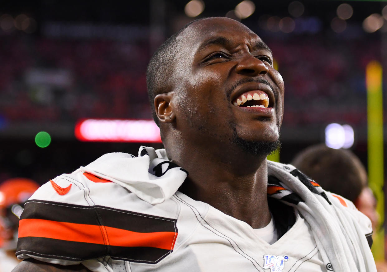 CLEVELAND, OH - AUGUST 8, 2019: Defensive end Chris Smith #50 of the Cleveland Browns watches the action from the sideline in the second quarter of a preseason game Washington Redskins on August 8, 2019 at FirstEnergy Stadium in Cleveland, Ohio. Cleveland won 30-10. (Photo by: 2019 Nick Cammett/Diamond Images via Getty Images)