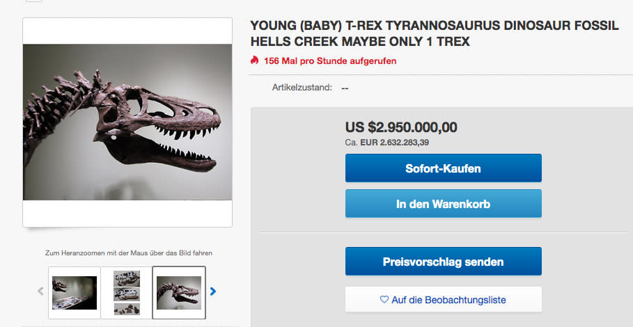 Der Dinosaurier wartet noch auf einen Käufer. (Bild: Screenshot/Ebay/PirateGoldCoins)