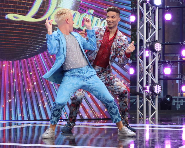 LONDON, UNITED KINGDOM - 2019/08/26: Jamie Laing and David James arrive onstage during the BBC Strictly Come Dancing Launch at Broadcasting House in London. (Photo by Keith Mayhew/SOPA Images/LightRocket via Getty Images)