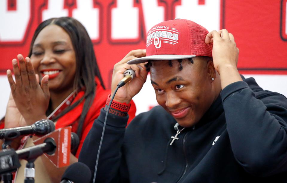 Carl Albert's Xavier Robinson announces he will attend the University of Oklahoma during a press conference at Carl Albert High School in Midwest City, Okla., Tuesday, June, 27, 2023.