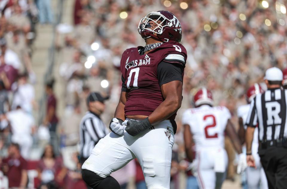 Oct 7, 2023; College Station, Texas; Texas A&M Aggies defensive lineman Walter Nolen (0) reacts after a play during the second quarter against the Alabama Crimson Tide at Kyle Field.