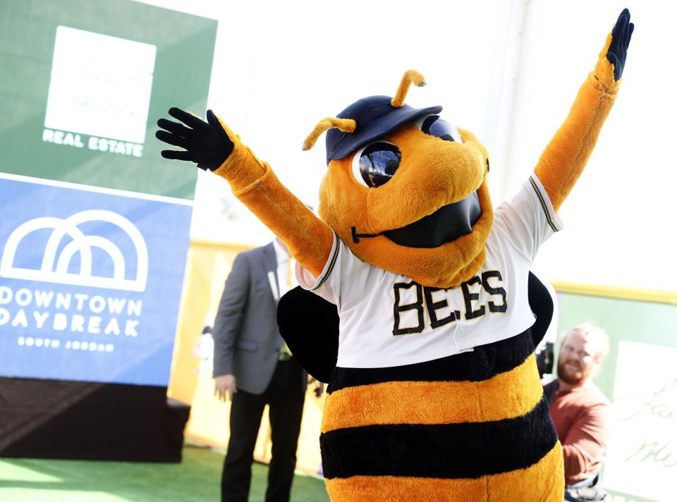 Bumble cheers at the celebration and groundbreaking event for the new Salt Lake Bees ballpark and Phase 1 of Downtown Daybreak in South Jordan on Thursday, Oct. 19, 2023. | Laura Seitz, Deseret News