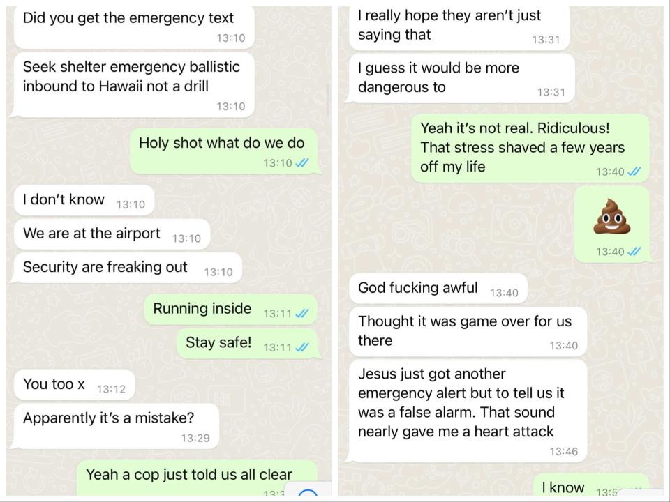 Texts after false missile alert in Hawaii in 2018.