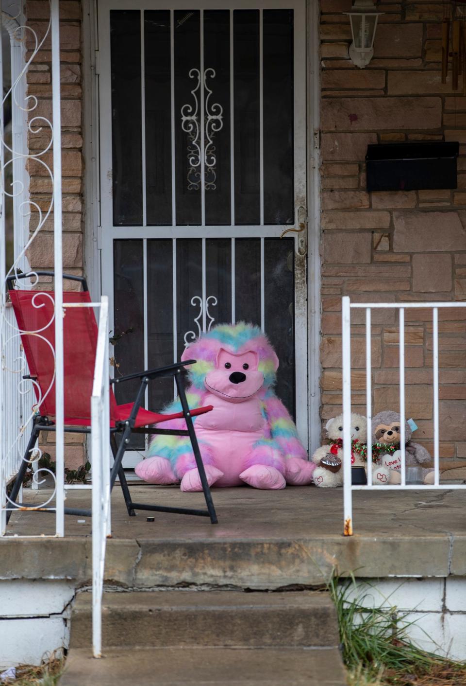 Stuffed animals left at a house in the 3500 block of Adams Street in Indianapolis after a young man allegedly killed four family members, a pregnant teen and her unborn baby Jan. 24, 2021.