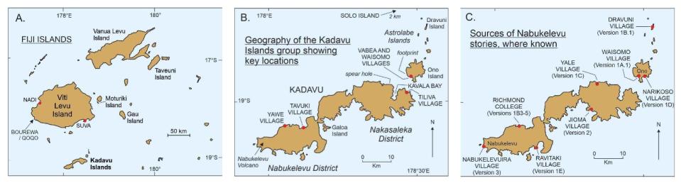 Mapas de Fiji y las islas Kadavu. A) Archipíelago de Fiji que muestra la ubicación del grupo Kadavu. B) Geografía de Kadavu que muestra ubicaciones clave. C). Fuentes de las historias de Nabukelevu | Loredana Lancini, Patrick Nunn, et al. Oral Tradition (2023)