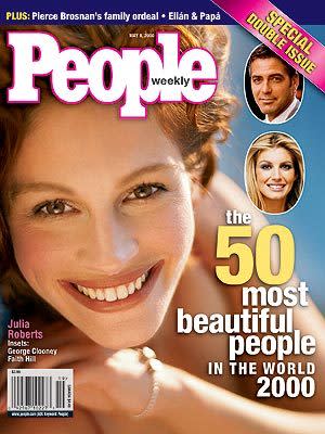 <p>Described as a southern belle with a megawatt smile who wows fans with her warm, winsome beauty, Julia Roberts landed her first “Most Beautiful” cover after starring in <i>Notting Hill</i> and <i>Runaway Bride</i> and before her Oscar-winning turn in <i>Erin Brockovich</i>. </p>