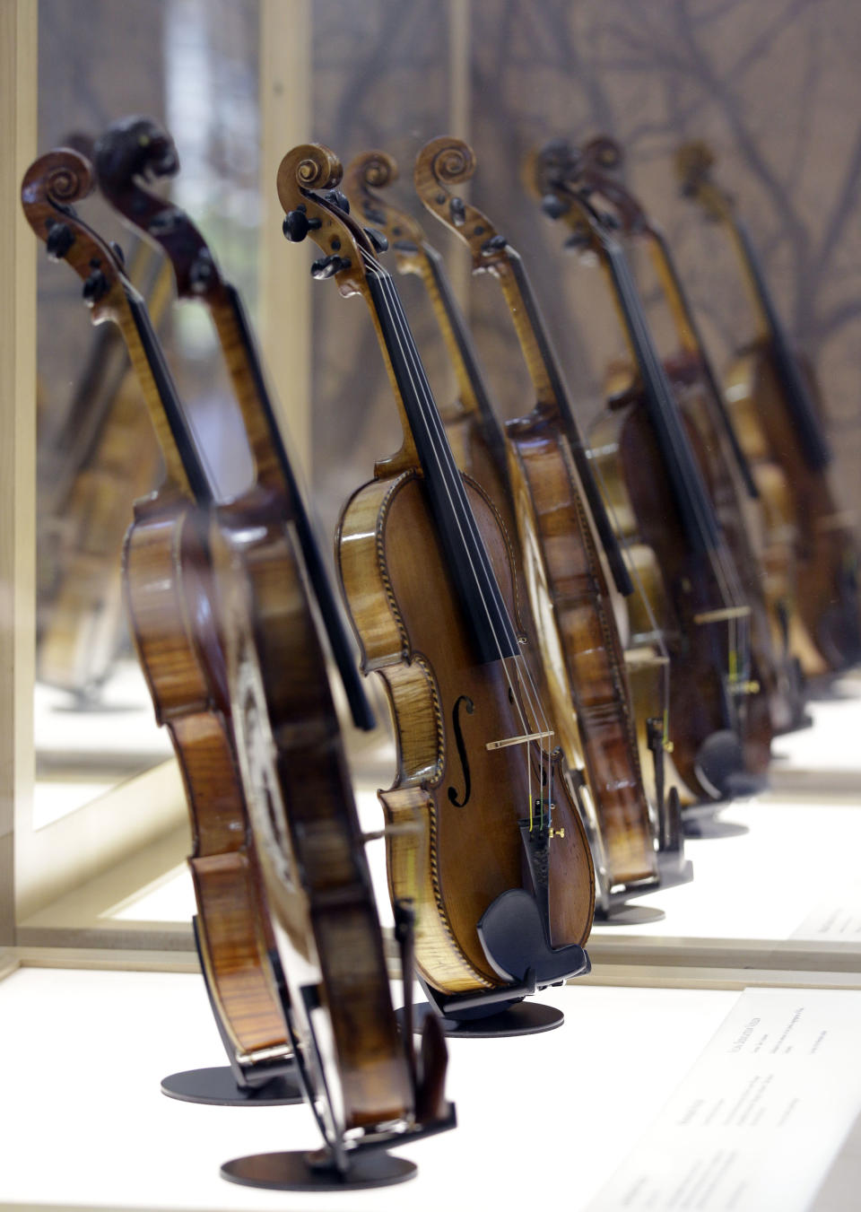 In a Monday, April 9, 2012 photo, Violins are shown on display at the Violins of Hope exhibit at UNC Charlotte in Charlotte, N.C. Eighteen violins recovered from the Holocaust and restored by Israeli violin maker Amnon Weinsten make their U.S. debut on Sunday, April 15. Some were played by Jewish prisoners in Nazi concentration camps, while others belonged to the Jewish Klezmer musical culture. (AP Photo/Chuck Burton)