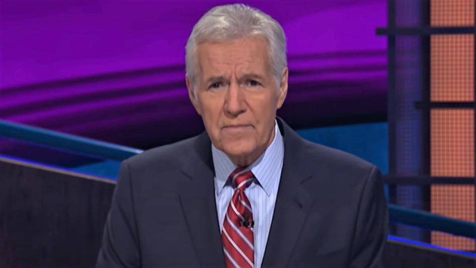 Alex Trebek talks on Jeopardy!