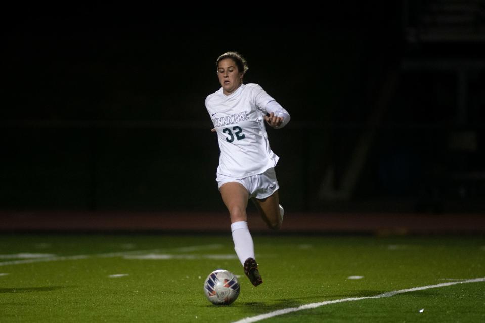 Pennridge junior Tori Angelo controls the ball at Souderton Area High School on Wednesday, Nov. 16, 2022. Pennridge girls soccer defeated Neshaminy in PIAA semifinals 2-0. 