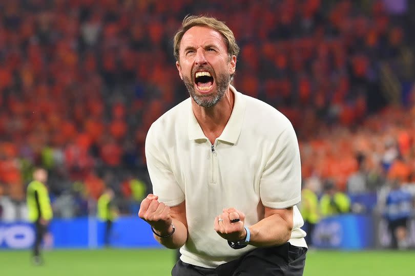 England head coach Gareth Southgate celebrates victory over Netherlands in the Euro 2024 semi-final