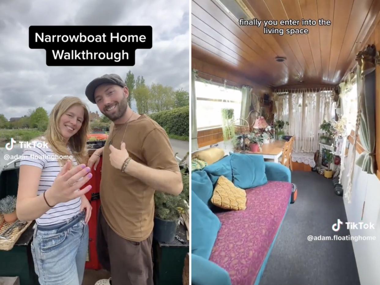 TikTok screenshots of Lind and Coley's narrowboat home.