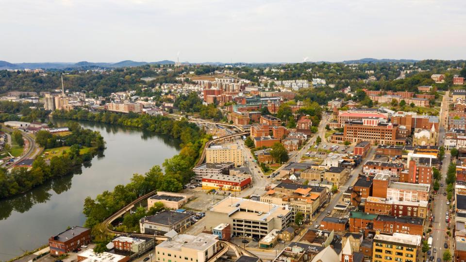 Aerial Perspective Over The Riverfront Downtown City Center of Morgantown, West Virginia