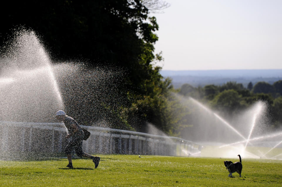 EPSOM, ENGLAND - JUNE 02: A person and a dog walk past sprinklers as they cross the course at Epsom Downs Racecourse on June 02, 2020 in Epsom, England. The British government further relaxed Covid-19 quarantine measures in England this week, allowing groups of six people from different households to meet in parks and gardens, subject to social distancing rules. Many schools also reopened and vulnerable people who are shielding in their homes are allowed to go outside again. (Photo by Alex Burstow/Getty Images)