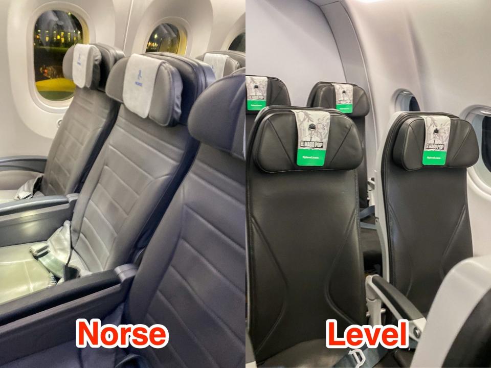 Left: A row of three navy blue seats on a Norse flight. Right: A row of two gray seats on a Level flight.