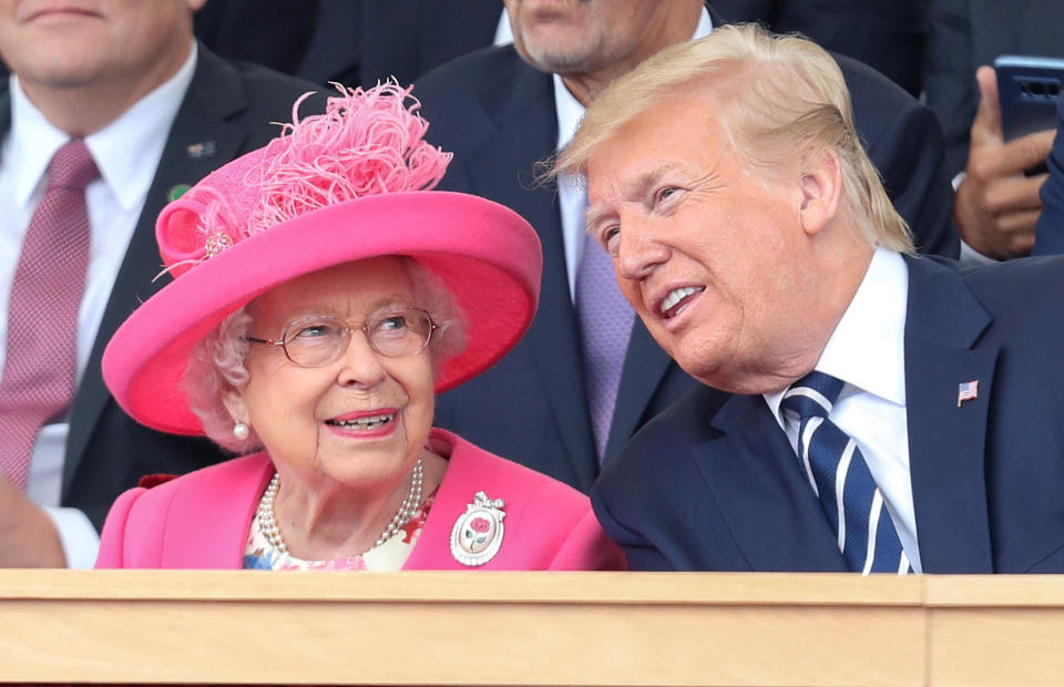 Queen Elizabeth II and U.S. President Donald Trump participate in an event to commemorate the 75th anniversary of D-Day, in Portsmouth, Britain, June 5, 2019. Chris Jackson/Pool via Reuters