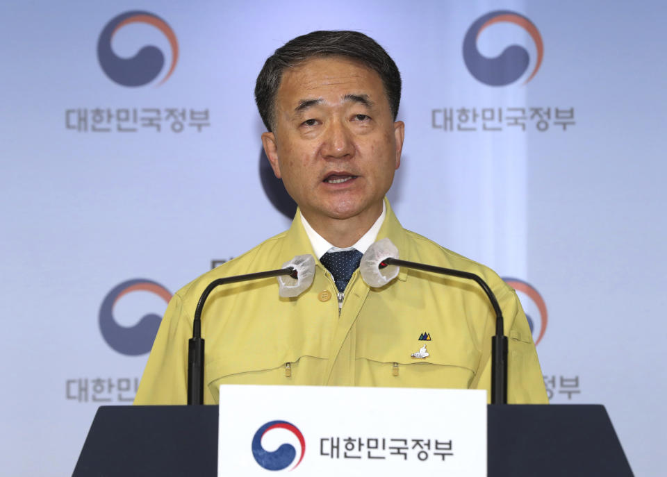 South Korean Health Minister Park Neung-hoo speaks during a press conference at the government complex in Seoul, South Korea, Sunday, Nov. 22, 2020. South Korea says it will impose stricter social distancing rules in the greater Seoul area to fight a coronavirus resurgence, as the country registered more than 300 new cases for the fifth straight day. (Baek Seung-ryul/Yonhap via AP)