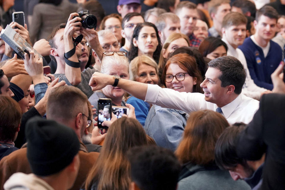 Democratic presidential candidate and former South Bend, Ind., Mayor Pete Buttigieg reaches out to give a fist bump as he campaigns on Saturday, Jan. 4, 2020, in Nashua, N.H. Safety is the primary reason why the status of the fist bump elevated big-time in 2020. The handshake was simply a causality of the coronavirus. Once a customary greeting, it has become beyond frowned upon. (AP Photo/Mary Schwalm, File)