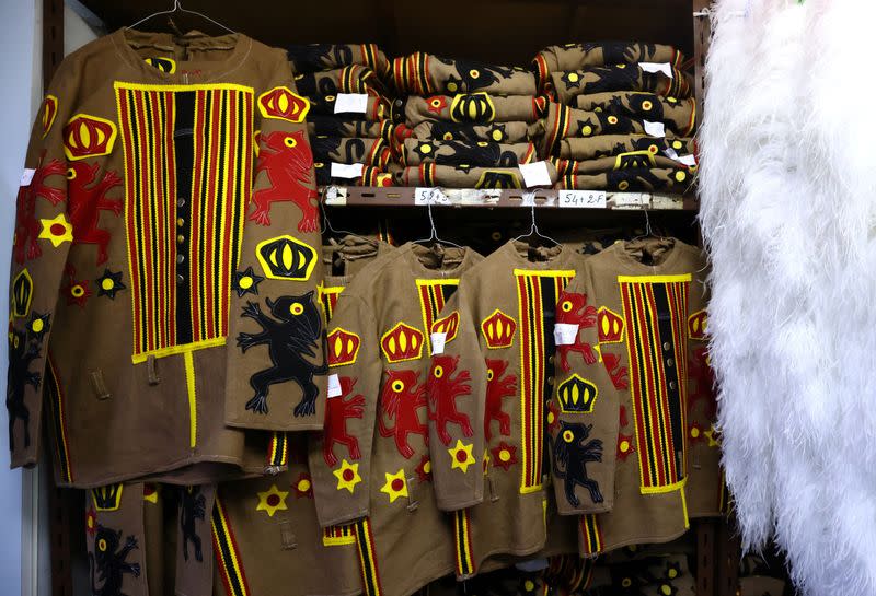 Costumes of "Gilles of Binche" are seen at the workshop of Louis Kersten in Binche