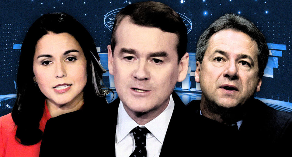 Tulsi Gabbard, Michael Bennet and Steve Bullock. (Photo illustration: Yahoo News; photos: AP [3],  Paul Sancya/AP)