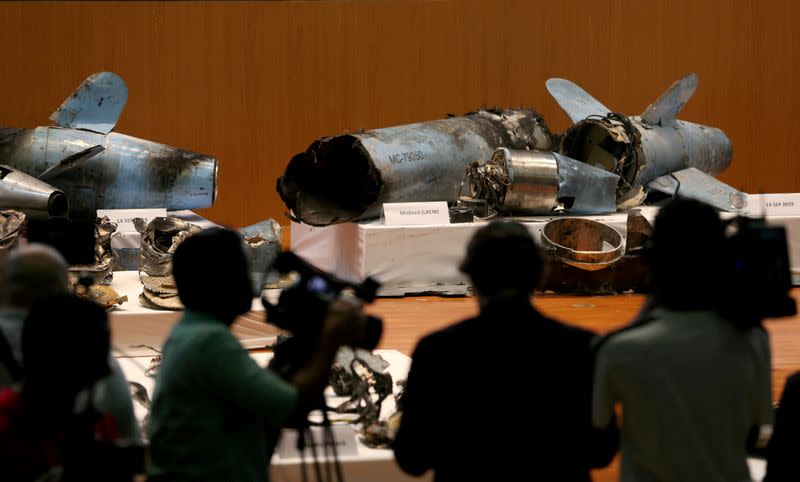FILE PHOTO: Remains of the missiles which Saudi government says were used to attack an Aramco oil facility, are displayed during a news conference in Riyadh
