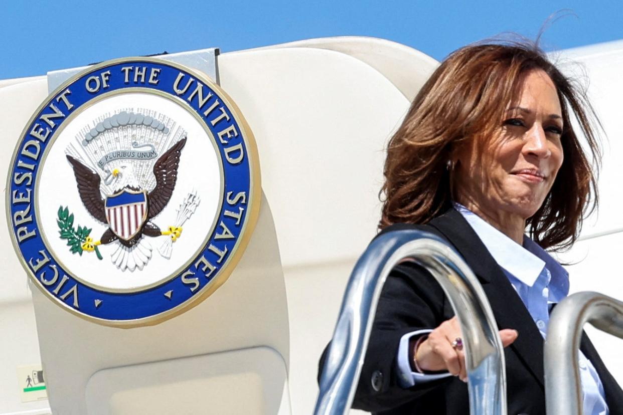 Democratic presidential nominee and U.S. Vice President Kamala Harris boards Air Force 2 for departure at Metropolitan Wayne County Airport, in Detroit, Michigan on September 2, 2024.