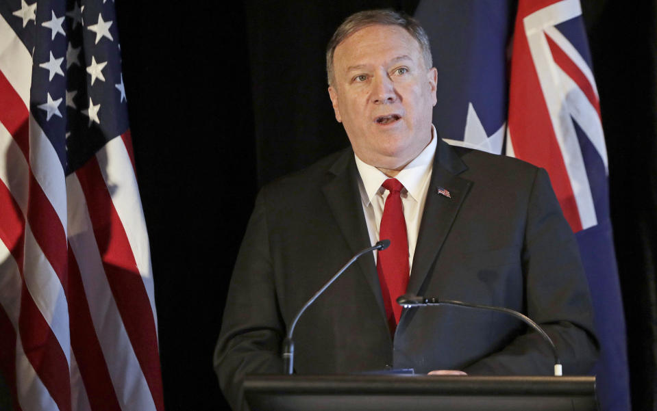 U.S. Secretary of State Mike Pompeo briefs the media at a press conference following annual bilateral talks with Australian counterparts in Sydney, Australia, Sunday, Aug. 4, 2019. (AP Photo/Rick Rycroft)