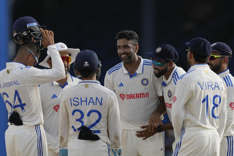 India's Ravichandran Ashwin celebrates with teammates the dismissal of West Indies' capitan Kraigg Brathwaite on day four of their second cricket Test match at Queen's Park in Port of Spain, Trinidad and Tobago, Sunday, July 23, 2023. (AP Photo/Ricardo Mazalan)