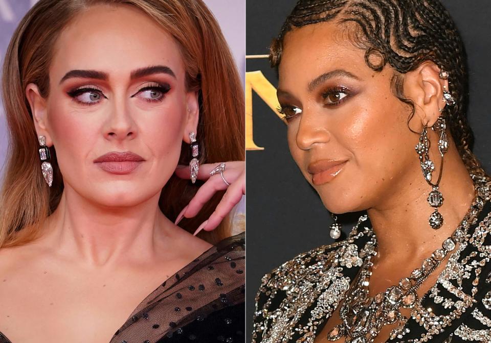 (COMBO) This combination of file pictures created on November 15, 2022 shows British singer Adele (L) arriving for the BRIT Awards 2022 in London; and US singer  Beyonce arrives for the world premiere of Disney's 